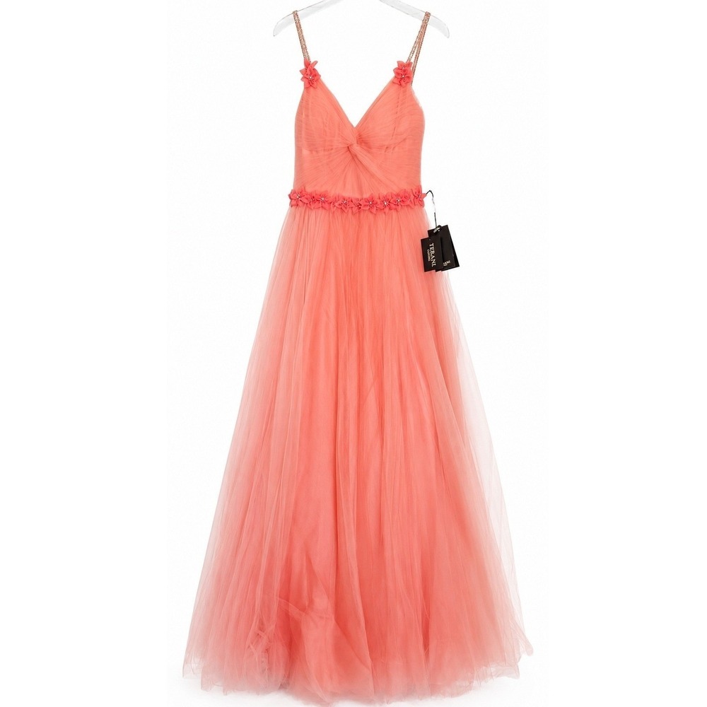Terani Couture Coral Tulle‎ Gown 2011P1028 Floral Rhinestone Prom Dress 8 NEW